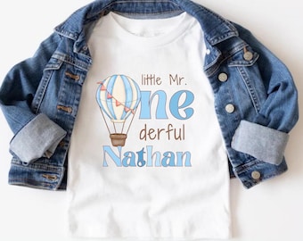 Maglietta con mongolfiera Mr Onederful, piccola maglietta Mr Onederful, vestito per festa di compleanno Mr One-derful, maglietta per bambino con palloncino blu Mr One Derful