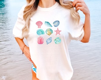Seashell Watercolor Shirt, Beach Shirt Women, Trendy Comfort Colors SeaShell Tshirt for Her, Summer Shirt, Beachy Vacation Tee, Coconut Girl