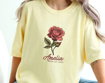 Personalized June Birth Flower Comfort Colors T-Shirt, Custom Rose Shirt, Red Rose Birthday Month Gift, Mothers Day Shirt, Mom Floral Tshirt