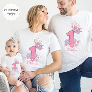 Camiseta personalizada para menina de primeiro aniversário com borboleta, camiseta personalizada para família de primeiro aniversário com fada, festa de 1ª fada no jardim de flores silvestres Boho