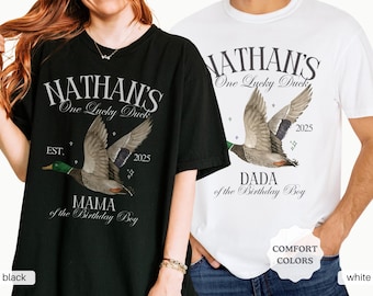 Comfort Colors パーソナライズされた One Lucky Duck 1 歳の誕生日の家族お揃いシャツ、カスタム One Lucky Duck 1 歳の誕生日シャツ、ラッキーママダック