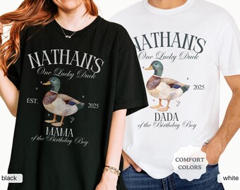 Camisetas a juego familiares con el primer cumpleaños de Lucky Duck personalizadas de Comfort Colors, camiseta personalizada de Lucky Duck para el primer cumpleaños de niño, Lucky Mama Duck