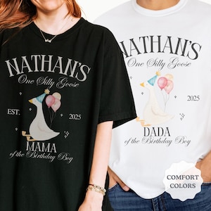 Comfort Colors Personalized One Silly Goose First Boy Birthday Family Matching Shirts, Custom One Silly Goose 1st Birthday Mama Dada Tshirt