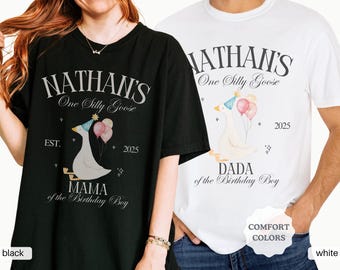 Comfort Colors Personalized One Silly Goose First Boy Birthday Family Matching Shirts, Custom One Silly Goose 1st Birthday Mama Dada Tshirt