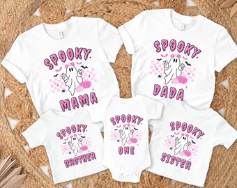 Pink Halloween First Birthday Girl Family Matching Tshirt, One Spooky 1st Birthday Pinkoween Ghoul, Retro Spooky Mama Dad Halloween Shirt