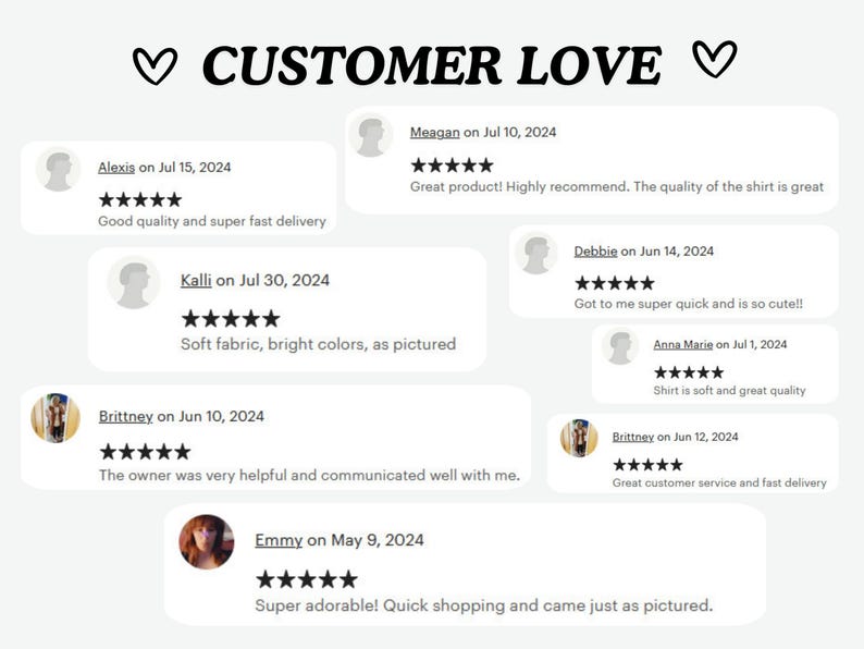 Peut inclure: Un collage d'avis clients avec des &eacute;valuations cinq &eacute;toiles et des commentaires positifs sur la qualit&eacute;, la rapidit&eacute; de livraison et le service client d'un produit. Les avis proviennent de clients nomm&eacute;s Alexis, Kalli, Meagan, Debbie, Anna Marie et Brittney. Les avis datent de juillet et juin 2024.