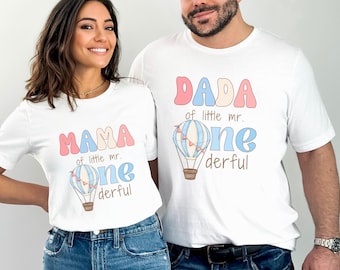 ONEderful Primo Compleanno Mama Dad Maglietta Abbinata, Little Mr Onederful 1° Compleanno Ragazzo Vestito, Festa di Compleanno con Mongolfiera Blu, Mamma e Me
