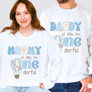 Personalized Blue Hot Air Balloon Mr Onederful First Birthday Family Matching Sweatshirt, Custom Little Mr Onederful 1st Birthday Sweatshirt