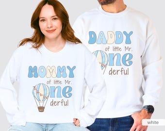 Felpa personalizzata con mongolfiera blu Mr Onederful per il primo compleanno della famiglia, felpa personalizzata per il primo compleanno del piccolo Mr Onederful