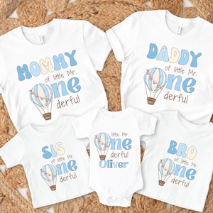 Personalized Blue Hot Air Balloon Mr Onederful First Birthday Family Matching Shirts, Custom Little Mr Onederful 1st Birthday Party Outfit