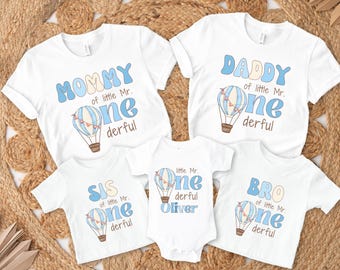 Magliette personalizzate per la famiglia del primo compleanno del signor Onederful con mongolfiera blu, vestito personalizzato per la festa del primo compleanno del piccolo signor Onederful