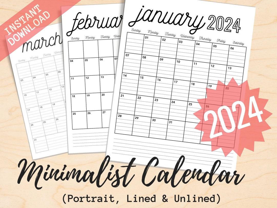 Printable Calendar 2024 Portrait Lined & Unlined Simple Etsy