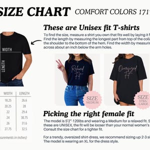 May include: Size chart for unisex t-shirts with measurements in inches. The chart shows width and length measurements for sizes S, M, L, XL, 2XL, and 3XL. The chart also includes information about picking the right female fit, noting that the model is wearing a Medium for a relaxed fit and an XL for a trendy, oversized shirt-dress.