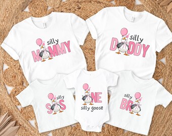 One Silly Goose First Birthday Girl Pink Outfit, Cute One Silly Goose Theme 1st Birthday Party Shirt, Silly Mama Dada Matching Bday Tshirts