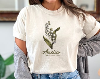 Personalized May Birth Month Flower Comfort Colors T-Shirt, Custom Lily of The Valley Tshirt, Birthday Month Flower Shirt, Mothers Day Gift