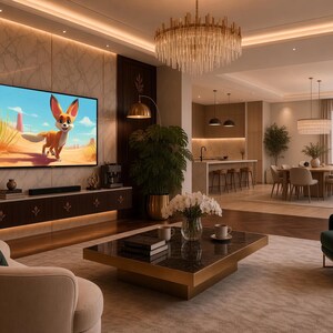 Può includere: Un soggiorno con un divano beige curvo, una poltrona verde scuro e un tavolino quadrato con piano in marmo. Un grande televisore mostra un personaggio volpe animato. La stanza include un lampadario, faretti a incasso e una zona pranzo.