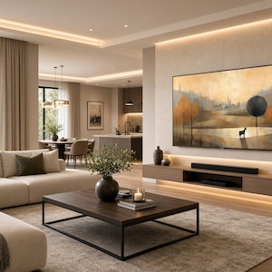 Peut inclure: Un salon comprenant un grand canapé d'angle beige avec des coussins vert foncé, une table basse en bois sombre et une télévision murale affichant une peinture de paysage avec des arbres orange et une sphère noire. Un meuble TV suspendu est en dessous.
