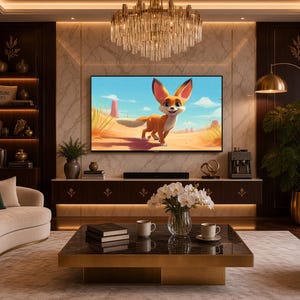 Peut inclure: Un salon comprenant un canapé incurvé crème, un fauteuil vert foncé et une table basse centrale au plateau en marbre. Une grande télévision murale affiche un renard orange animé dans un paysage désertique au-dessus d'un meuble TV en bois.