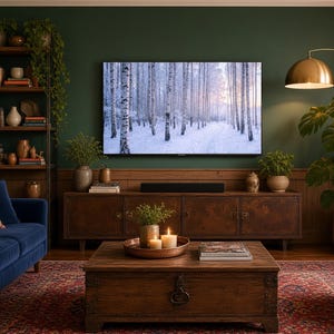 Peut inclure: Un salon comprenant un canapé en velours bleu foncé avec des coussins à motifs, une table basse en bois avec des bougies, un meuble TV avec une barre de son, une bibliothèque, un fauteuil jaune, un lampadaire et une télévision affichant une forêt enneigée.