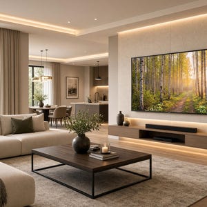 Pode incluir: Uma sala de estar com um grande sofá modular bege com almofadas verde-escuras, uma mesa de centro retangular de madeira escura e uma televisão montada na parede exibindo uma floresta. Um móvel de mídia flutuante de madeira abaixo da TV.