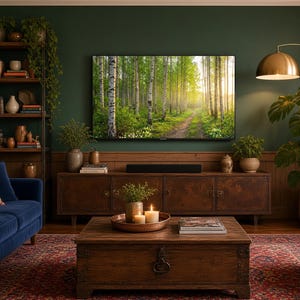 Peut inclure: Un salon comprenant un canapé en velours bleu foncé avec des coussins à motifs, un fauteuil jaune moutarde, une table basse en bois avec des bougies, un meuble TV en bois sombre, une grande bibliothèque et une télévision affichant une forêt.
