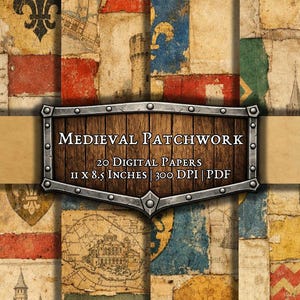 Könnte beinhalten: Digitales Papierpaket "Medieval Patchwork" mit einer Collage mittelalterlicher Designs. Die Papiere sind 27,9 x 21,6 cm und 300 DPI. Das Design umfasst heraldische Symbole, Flaggen und Karten im Vintage-Stil.