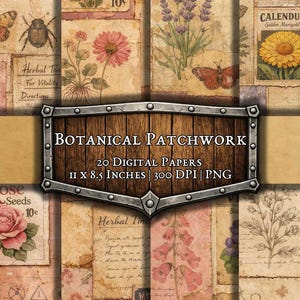May include: A set of 20 digital papers with a botanical theme. The papers feature vintage-style illustrations of flowers, butterflies, and herbs, with text labels. The papers are 27.9 x 21.6 cm and 300 DPI.