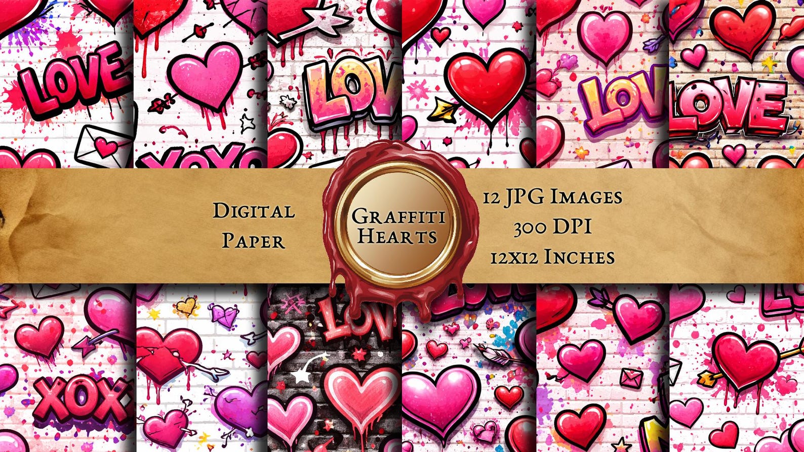 Valentine's Day Digital Paper, Graffiti Heart Backgrounds, Spray Paint ...