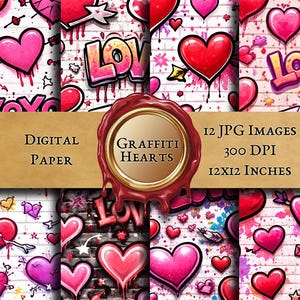 May include: Digital paper pack featuring graffiti-style hearts in shades of pink and red, with the word "LOVE" in a graffiti font. The pack includes 12 JPG images, each 12x12 inches.