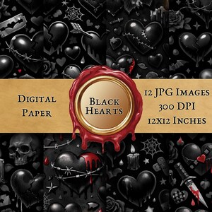 May include: Digital paper featuring a repeating pattern of black hearts, skulls, roses, and other gothic elements. A banner with the text "Black Hearts" and product details is overlaid on the design. The images are 12x12 inches.