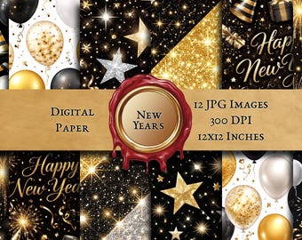 New Years Digital Paper, Black Gold Happy New Year Backgrounds, Shiny Party Seamless Patterns, JPG Download