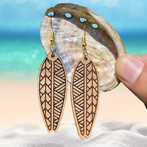 Surfboard shape with engraved Polynesian Tribal Wood Earring
