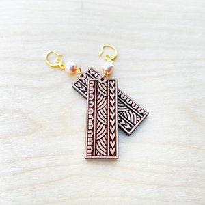 Polynesian Tribal patterns Wood Earring (Medium) with optional Pearl