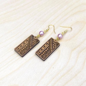 Polynesian Tribal Wood Earrings design (Small) with optional natural cultivated pearl