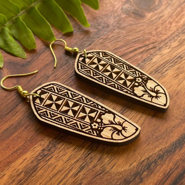 Hawaiian Hibiscus and Polynesian Tribal design Wood Earrings