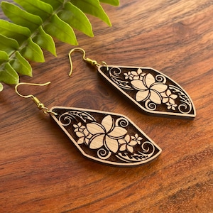 Wood Earrings with Plumeria Flowers and Polynesian Tribal design
