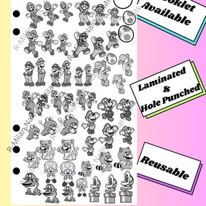 May include: A white template page titled Template Page Mario 2 featuring black and white line art illustrations of various video game characters including Mario, Luigi, Toad, and Piranha plants. Three rectangular labels read Booklet Available, Laminated & Hole Punched, and Reusable.