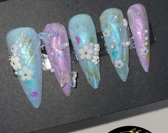 Handmade blue and purple Customizable Press on Nails Fairy butterfly glue on Nails glitter pastel fake nails