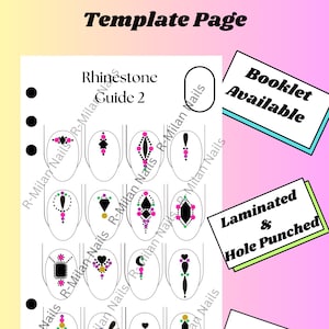 May include: A laminated and hole-punched nail art template with various rhinestone designs. The template includes a guide with sizes from 3mm to 20mm and caviar beads. The text says "Rhinestone Guide 2" and "Transform your nail game".