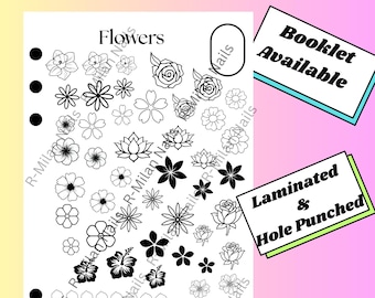 May include: A white nail art template page with various flower designs, hearts, and leaf shapes. The template is laminated, hole-punched, and reusable. Text on the page reads "Template Page" and "Flowers". Additional text states "Transform your nail game..."