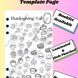 May include: A black and white nail art template page with Thanksgiving and Fall themed designs. Includes images of turkeys, pumpkins, leaves, and coffee cups. The template is laminated, hole punched, and reusable.