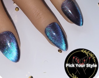 Handmade Cat eye press on nail Short glossy custom Holographic Hue false nail design /Please Watch Video For Full Nail Affect