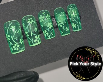 Handmade transparent green floral Customizable Press on Nails Gel X Compatible Glue on spring press on nail reusable summer press on nail