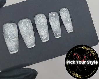 Handmade White transparent Press on Nails Custome reusable white floral nails and silver foil gel polish