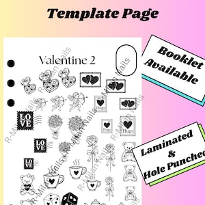 May include: A Valentine's Day themed nail art template with various black and white designs, including hearts, teddy bears, and stamps. The template is laminated, hole-punched, and reusable. Text on the template reads "Valentine 2".