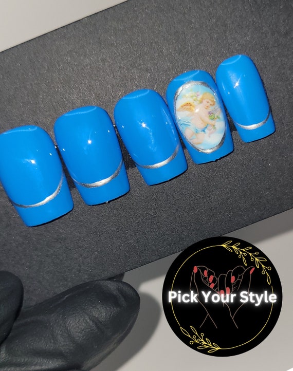 Handmade blue silver French tip Customizable Press on Nails fake angle glue on nail custom short nail design