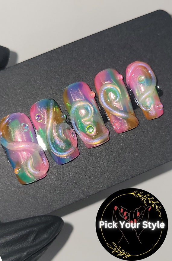 Handmade Marble 3D Customizable Press on Nails 3D Swirl ombre glue on nail texture fake nail