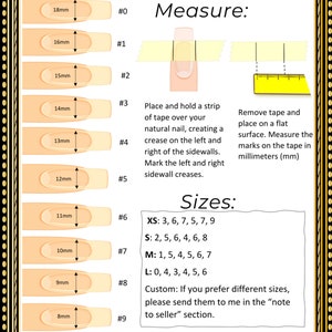 May include: A chart with instructions on how to measure your nail size for press-on nails. The chart shows nine different nail sizes, ranging from 8mm to 18mm. The chart also includes instructions on how to measure your nails using tape and a ruler. The chart also includes a table with different sizes for XS, S, M, and L.
