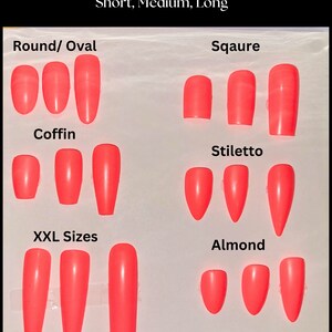 May include: A chart showing different nail shapes and sizes. The shapes include round/oval, coffin, square, stiletto, and almond. The sizes are short, medium, and long. The nails are a bright pink color.