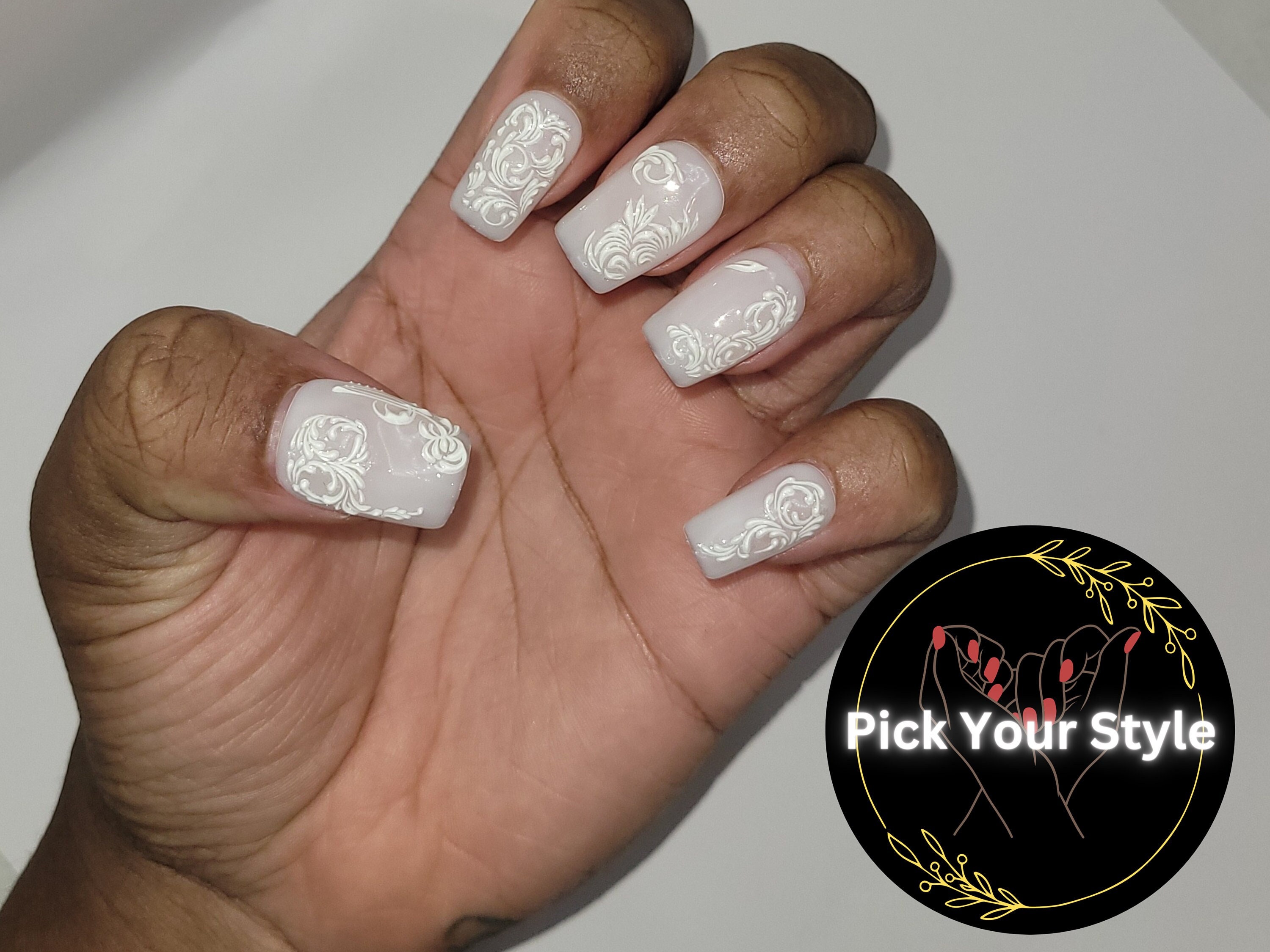 Short Handmade Milky white custom press on nail reusable fake lace design nails elegant glue on white nails